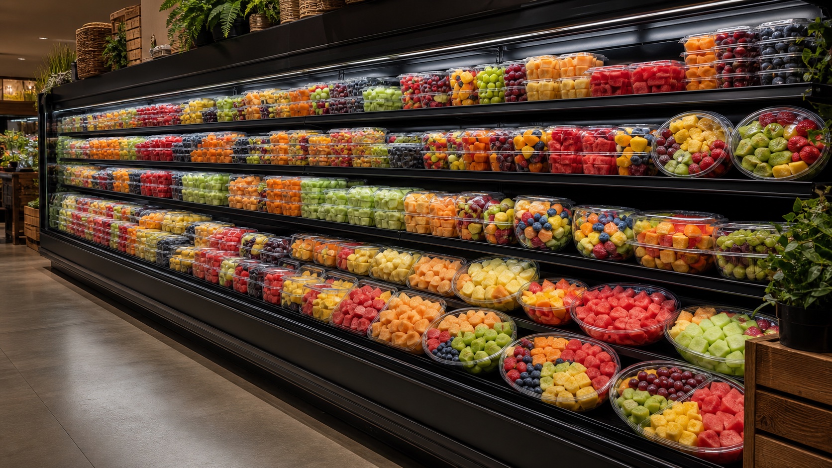 A fully stocked refrigerated display of packaged fresh-cut fruit
