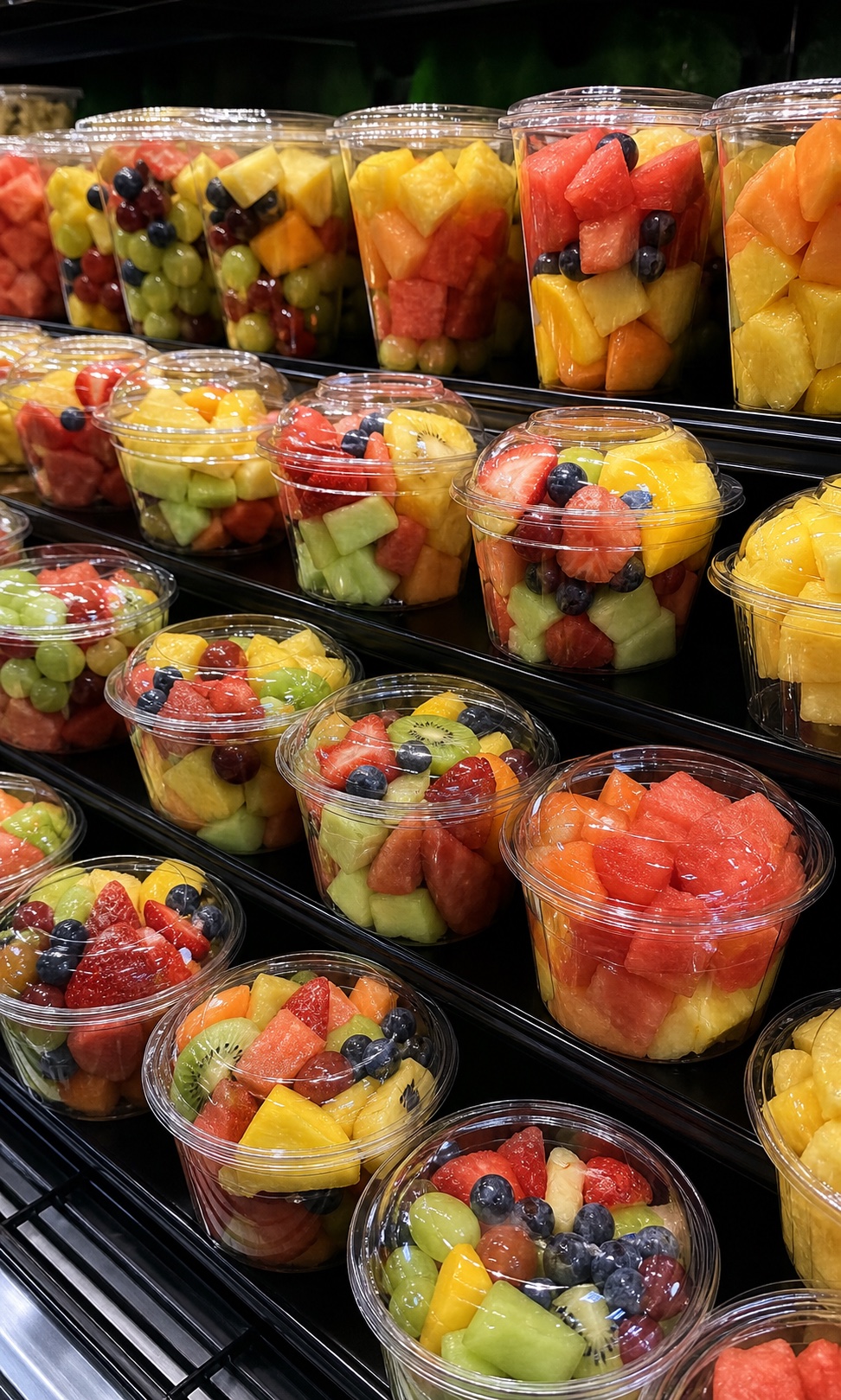 Mixed fresh-cut fruit cups in a refrigerated retail display
